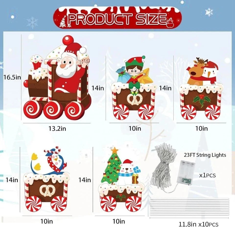 5 Pcs Christmas Decorations Outdoor Lighted up Xmas Yard Elf Snowman Train Set