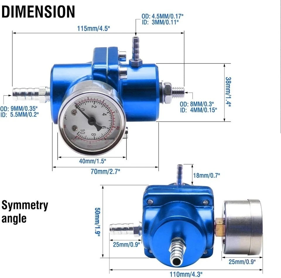 Adjustable Fuel Pressure Regulator With Gauge Hose 0-140 PSI Universal 6AN blue