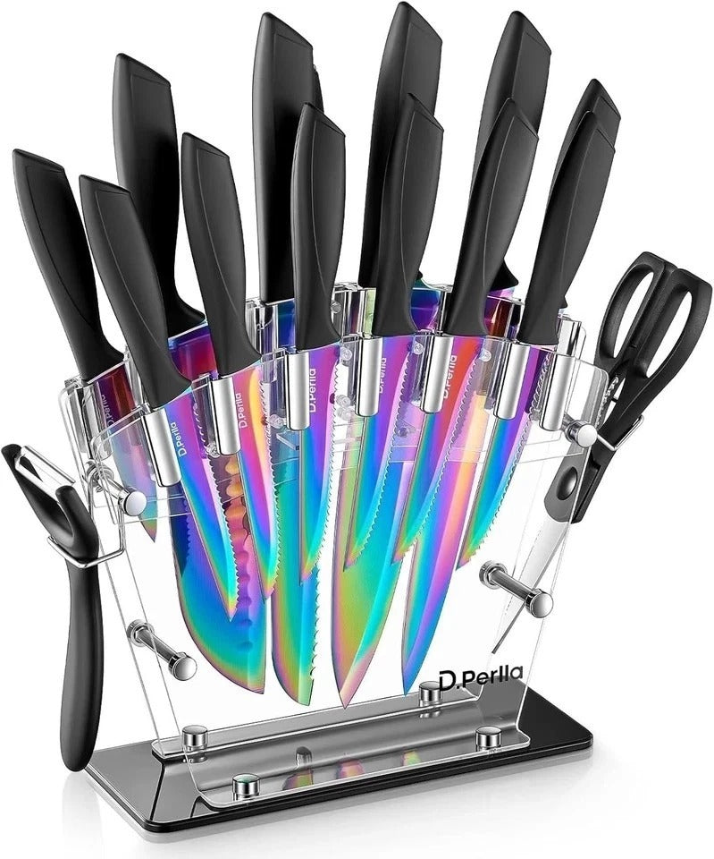 Rainbow Titanium Coated Knife Set 16 Pieces Ergonomic Handles for Kitchen