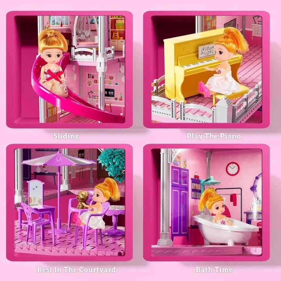 Villa Playset for Girls Ages 3-7, 4-Story 12 Room House with 2 Dolls, Furniture