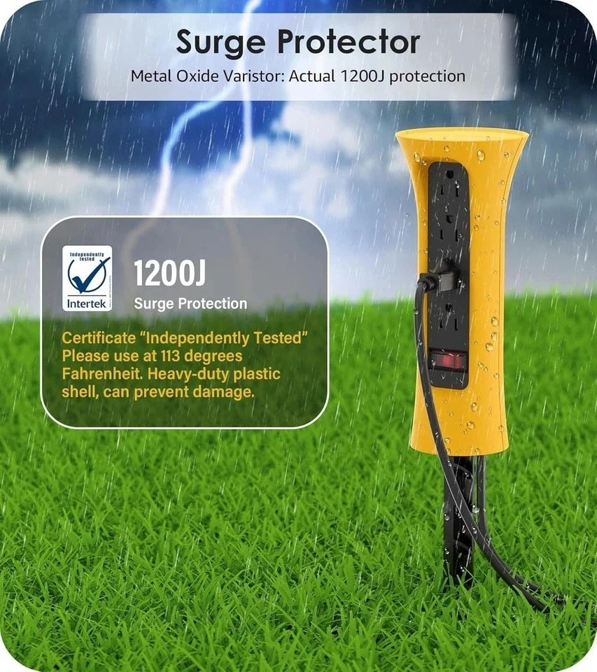 Outdoor Power Strip Weatherproof with Stake, Waterproof Extension 6FT Yellow