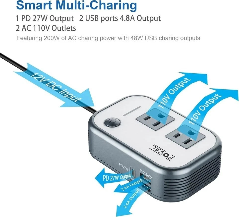 FOVAL 200W Car Power Inverter, DC 12V to 110V AC Car Laptop Charger Fast Charger