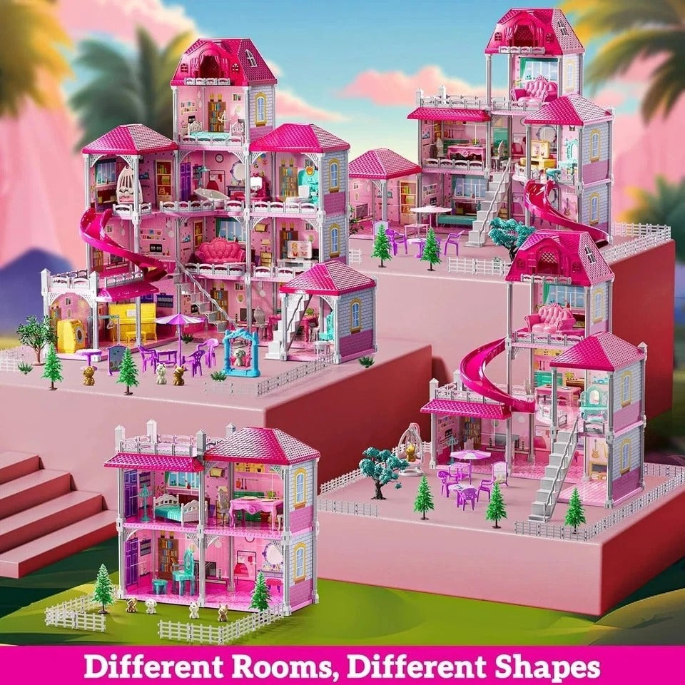 Villa Playset for Girls Ages 3-7, 4-Story 12 Room House with 2 Dolls, Furniture