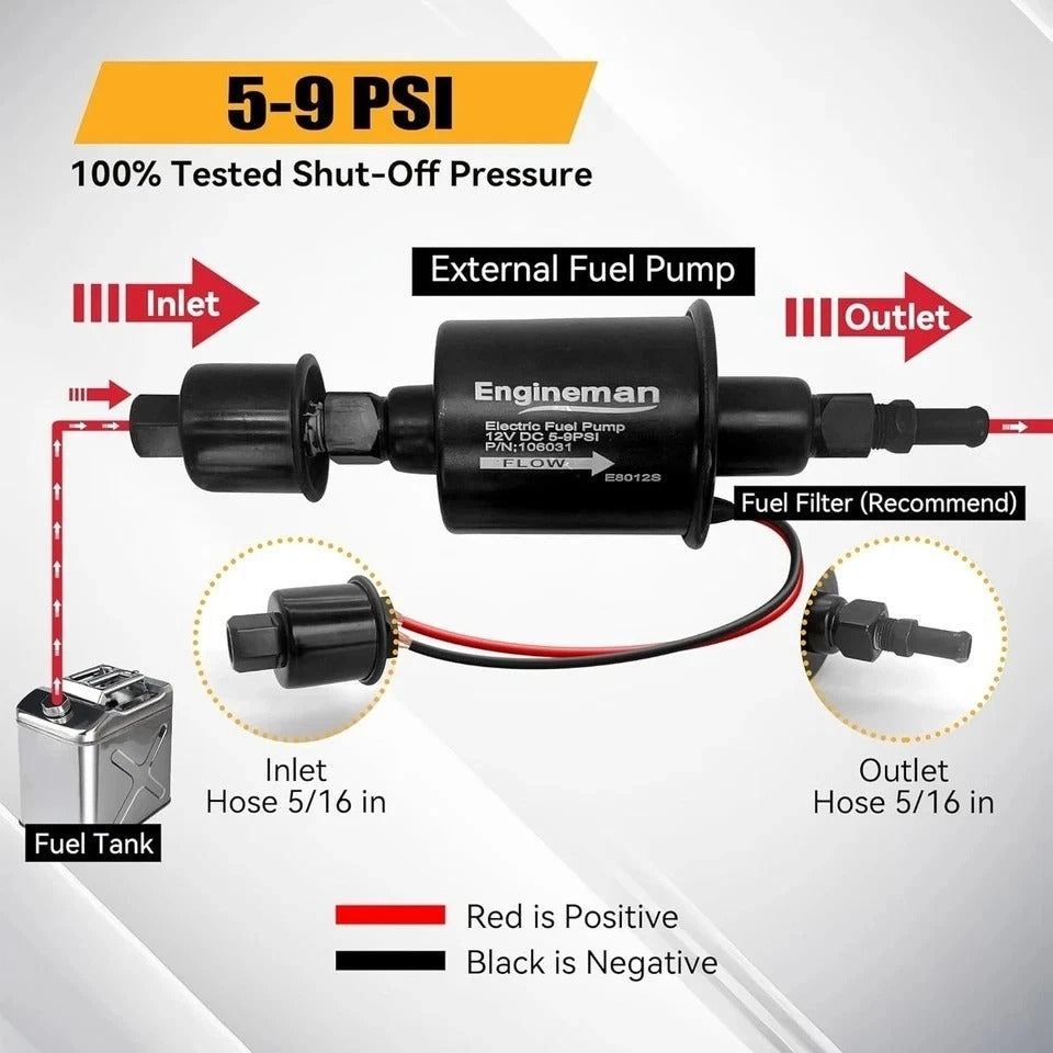 Electric Fuel Pump 12V 5-9 PSI Inline External 5/16 Compatible E8012S 5-9 PSI