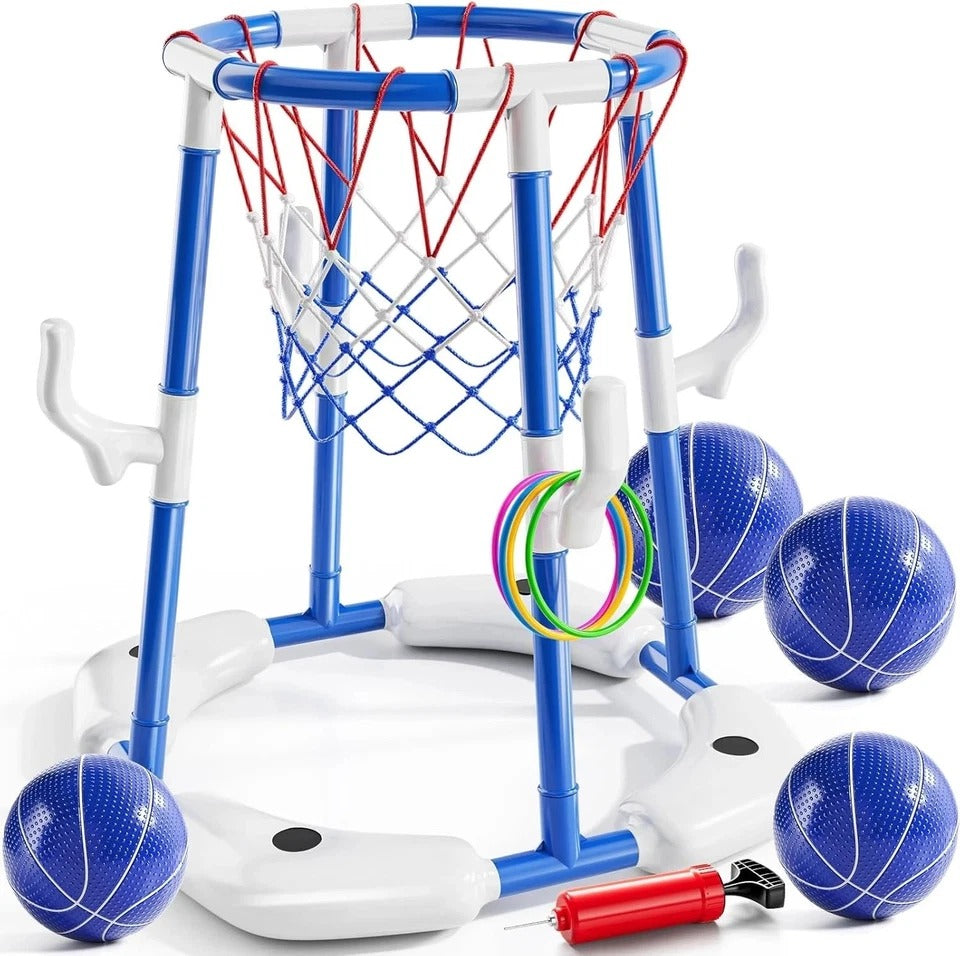 Pool Basketball Hoop, 2-In-1 Floating Pool Toys Ring Game with 4 Balls and Pump,