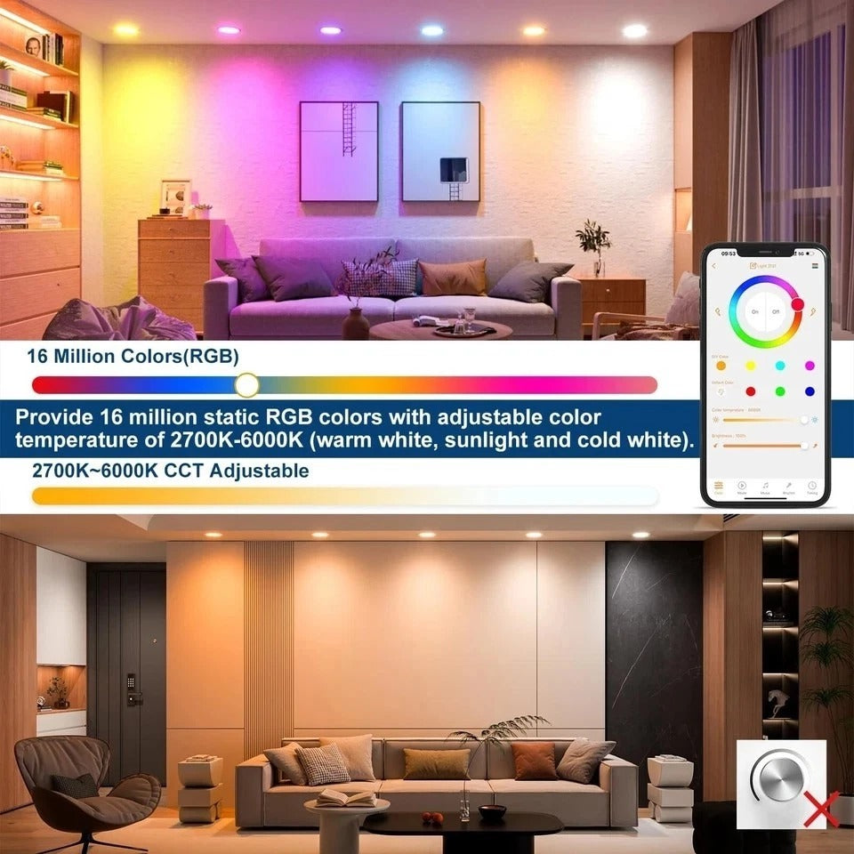 Smart Recessed Lighting 6 Inch RGBCW Color Changing 16W LED Downlight with Ju...