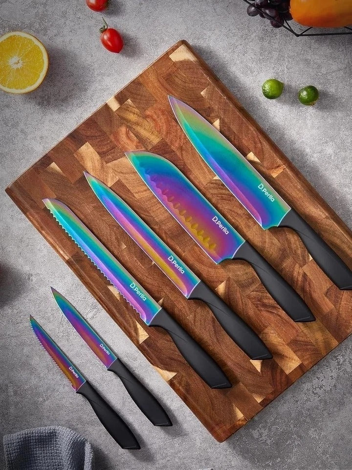 Rainbow Titanium Coated Knife Set 16 Pieces Ergonomic Handles for Kitchen