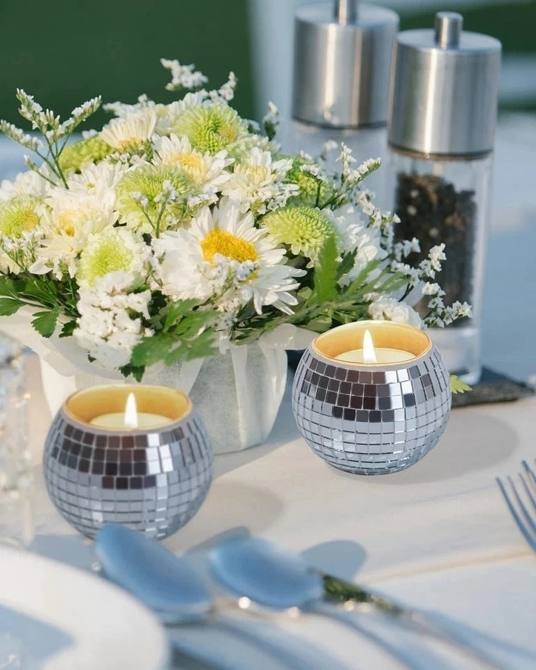 12 Pcs Disco Ball Candle Holder Glass Mirror Candle Holder Disco Ball Decor for