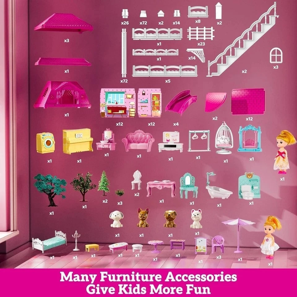Villa Playset for Girls Ages 3-7, 4-Story 12 Room House with 2 Dolls, Furniture