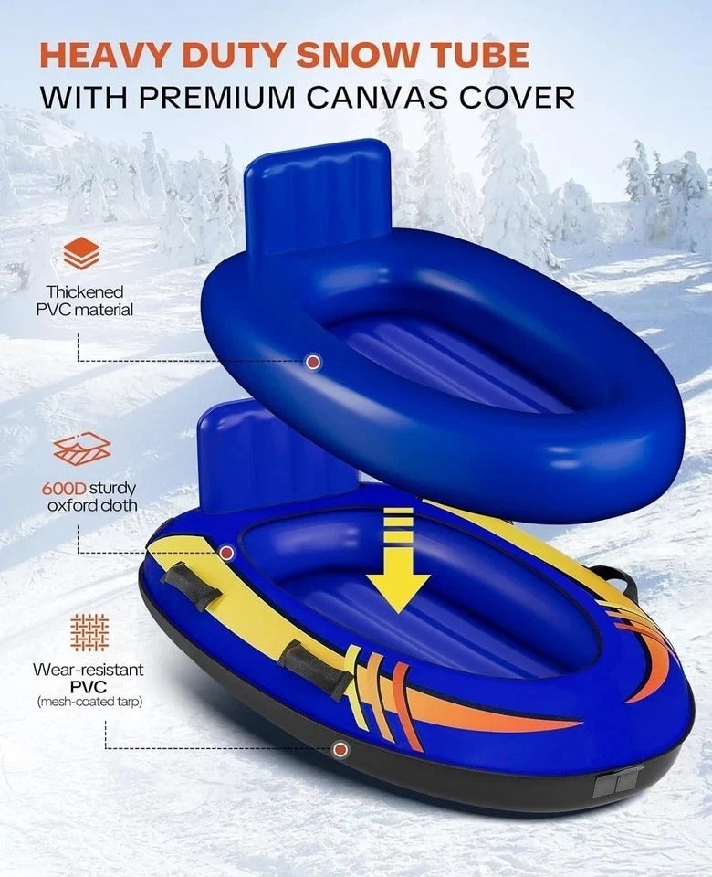 2 Person Inflatable Snow Sled with Premium Canvas Cover, Snow Tubes for Sledding