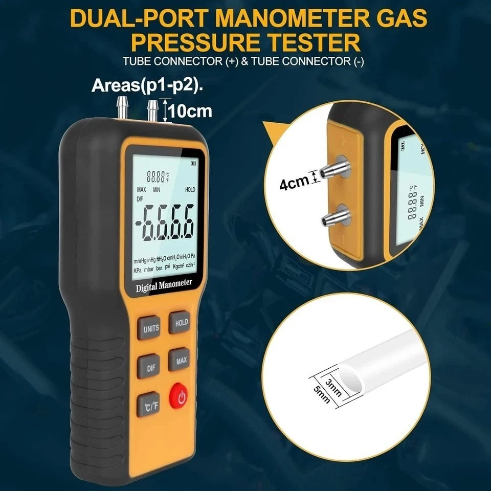 Manometer, Professional Air Pressure Meter, Dual-Port HVAC Digital Manometer Gas