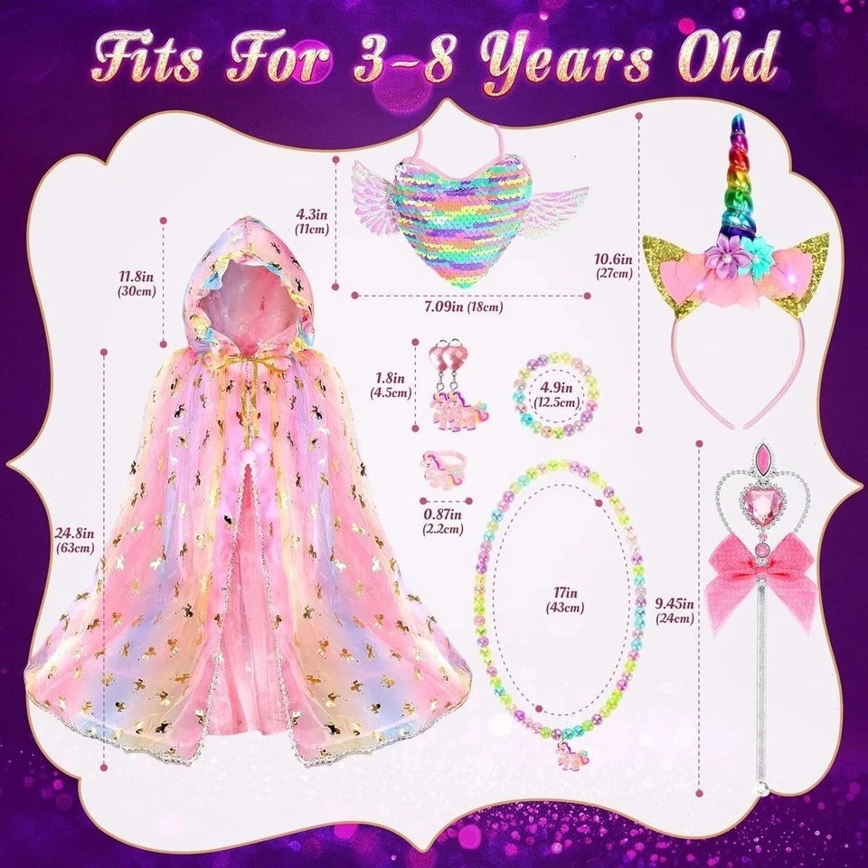 Princess Dress up for Girls,Unicorn Light up Princess Cape Set,Light up Princess