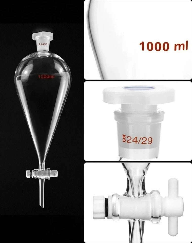 1000ml Heavy Wall Conical Separating Funnel with 24/29 Fitting and PTFE Stopc...