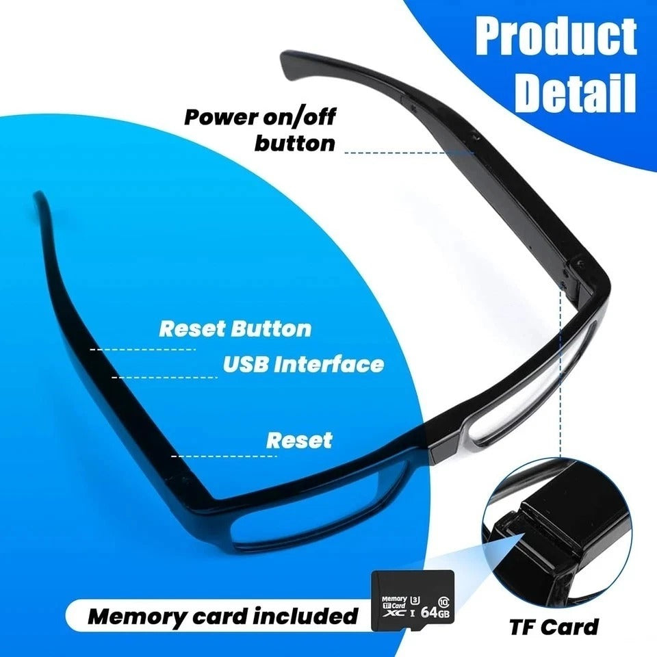 Camera Glasses Video Glasses HD with 64GB Memory Card Recording Glasses Smart Gl