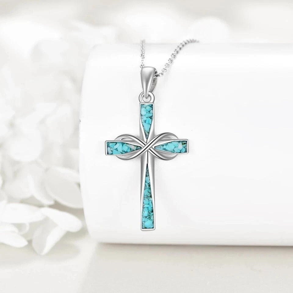 Cross Necklace 925 Sterling Silver Turquoise Cross Pendant Necklace Religious...