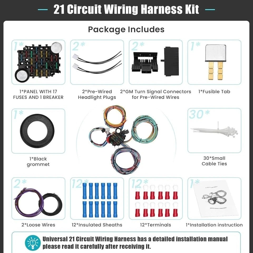 Universal 21 Circuit Wiring Harness Kit, Universal Extra Long Wire 21 Circuit Wi