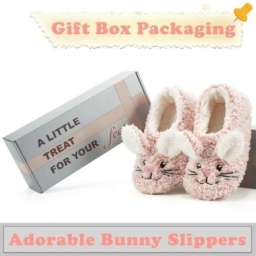 Cute Animal House Slippers, Warm Fuzzy Slipper Socks with 7-8 Pink Bunny