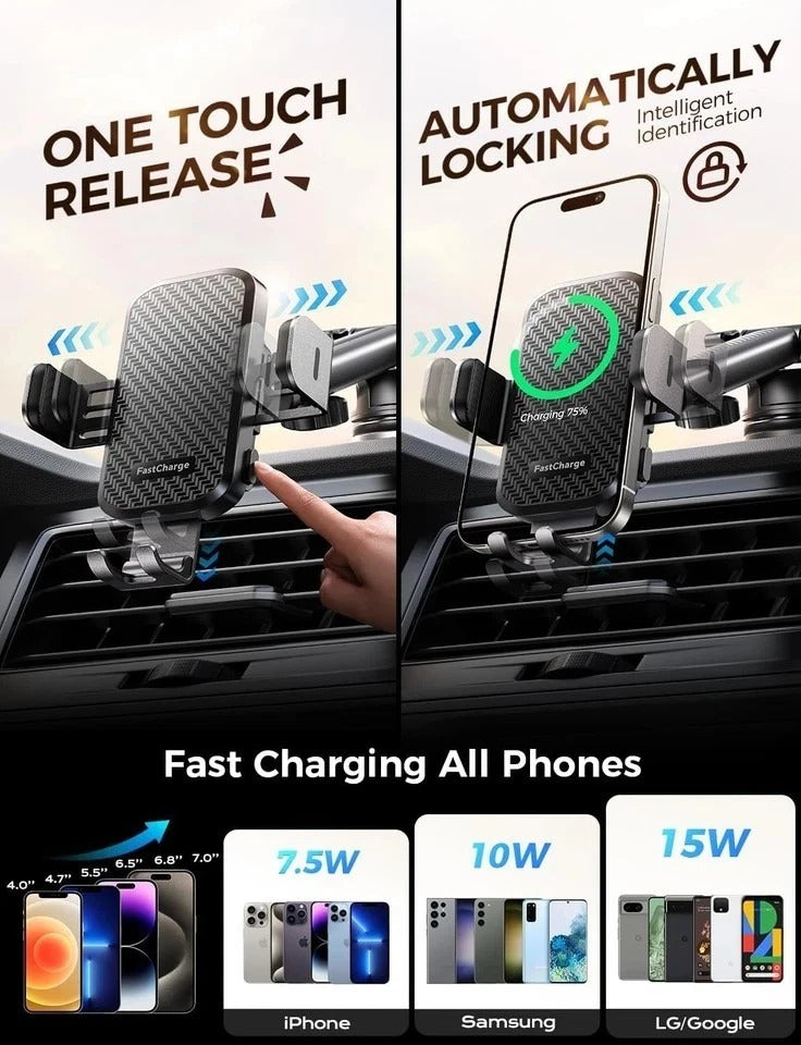Chgeek Wireless Car Charger with Phone Holder Mount, 15W Fast Charging Auto Clam