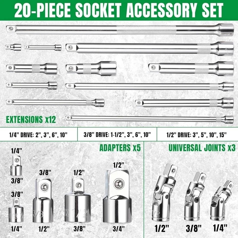 SK 20 Piece Socket Extension Set, 1/4", 3/8" and 1/2" Drive Bar,...