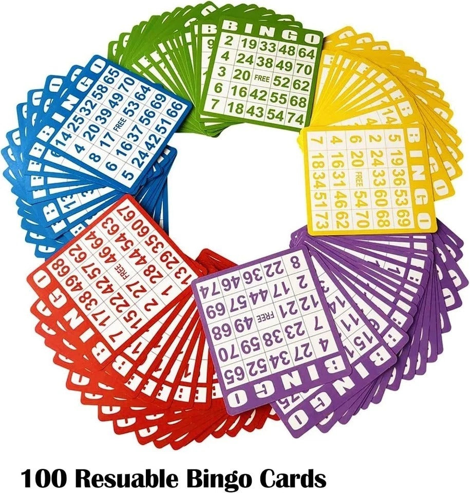 Bingo Game Set - Metal Cage, 75 Colored Balls, 100 Cards, 500 Mixed Chips