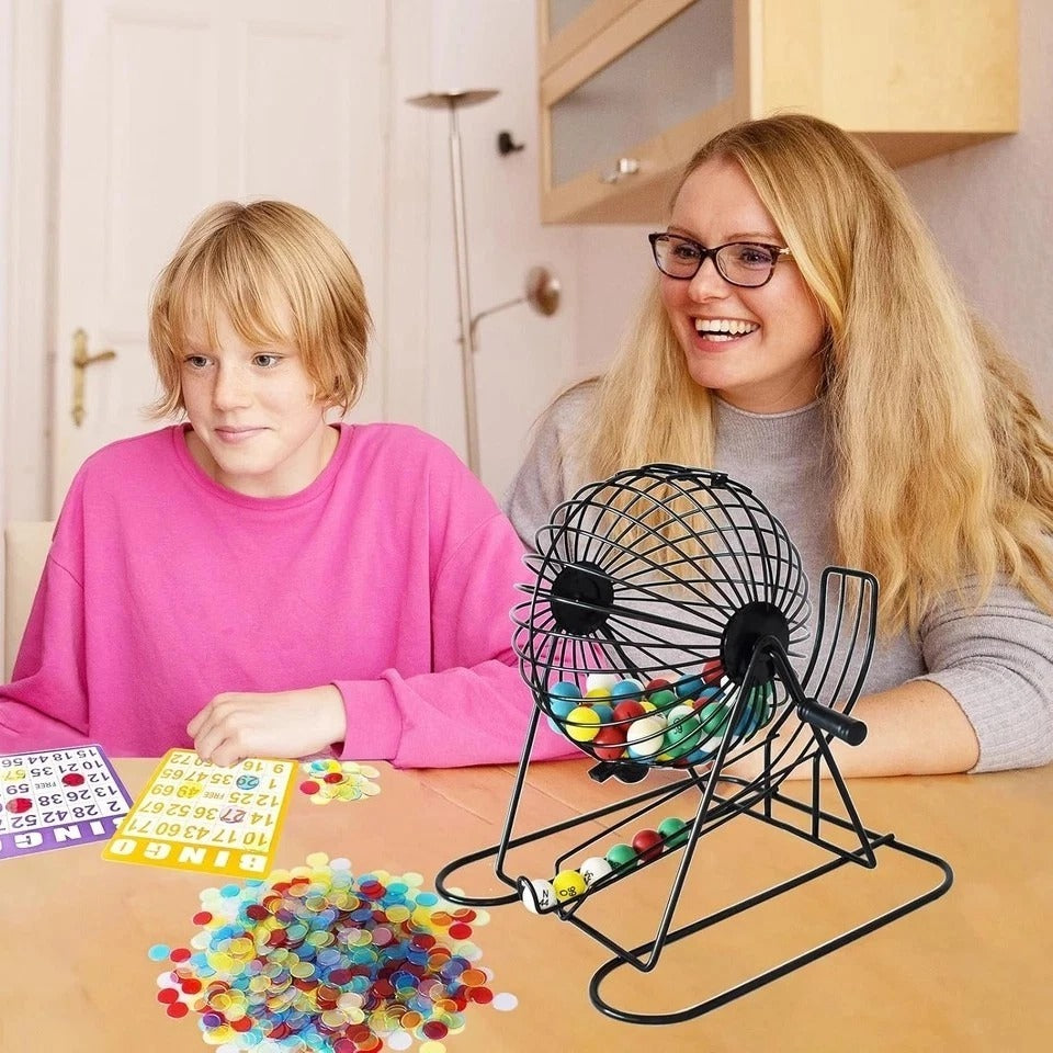 Bingo Game Set - Metal Cage, 75 Colored Balls, 100 Cards, 500 Mixed Chips