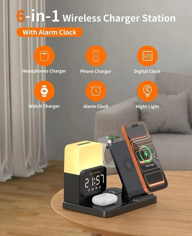 6-in-1 Wireless Charging Station for iPhone/Airpods/Watch with Digital Clock