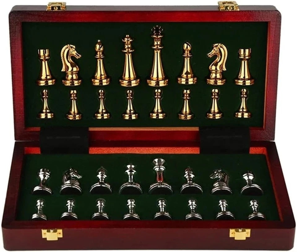 Vintage Chess Set,Wood Chess Board with Storage,Metal Chess Pieces, Classic Game