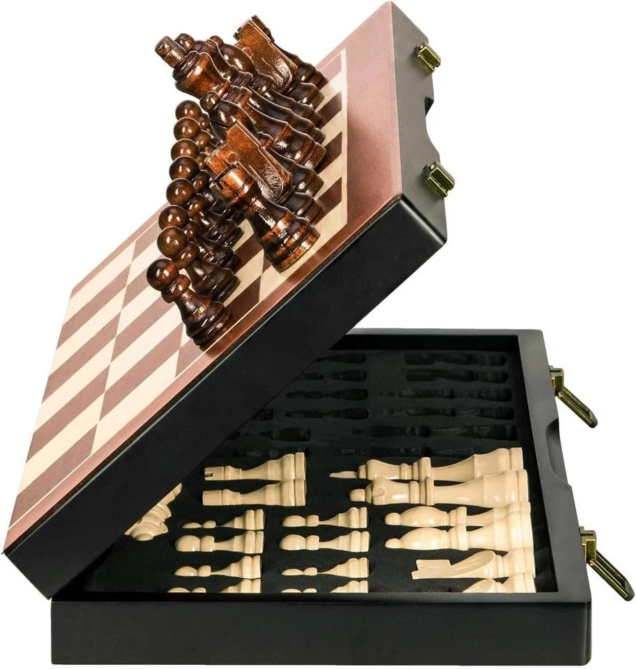 15" Magnetic Wooden Folding Chess Set w/ Storage Slots & Extra Queens