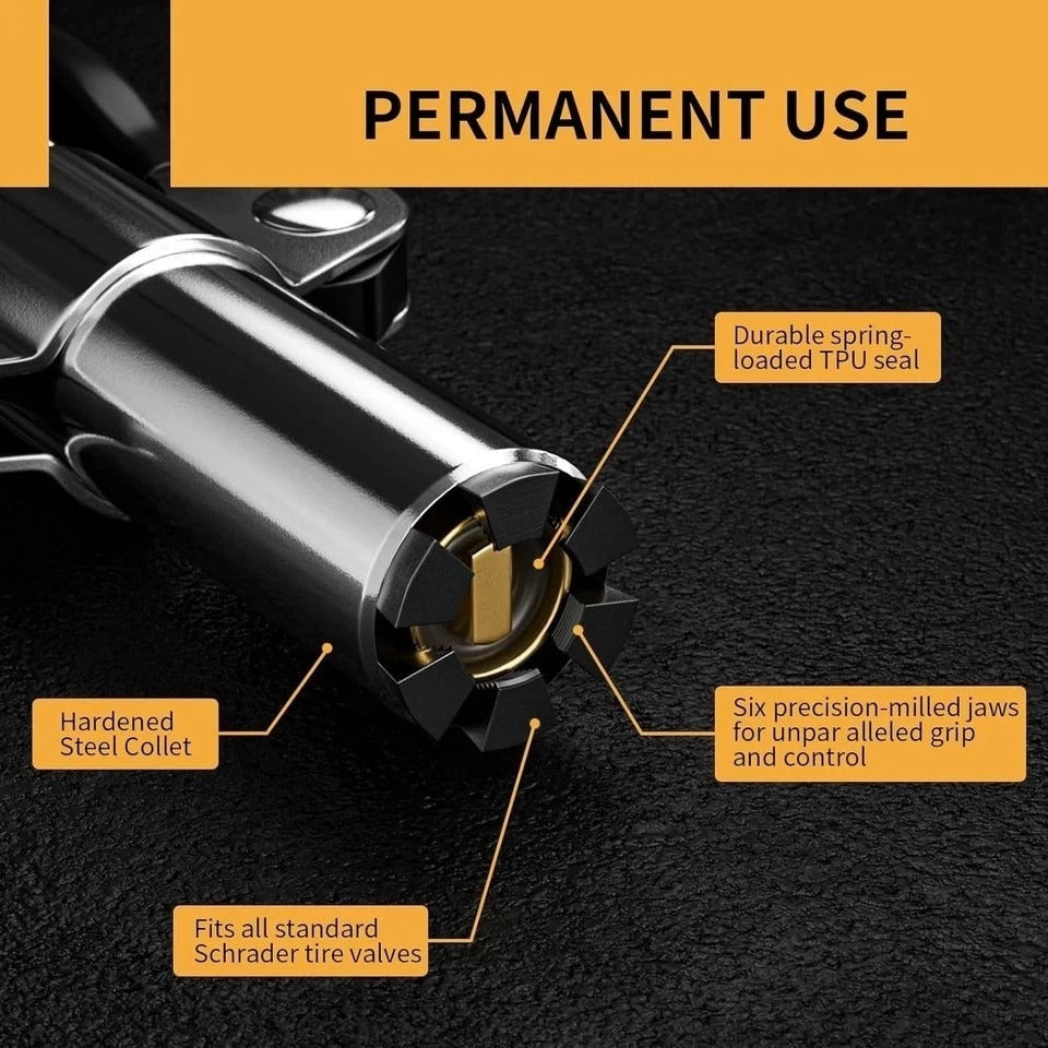 Locking Air Chuck, Heavy Duty Open Flow with Six Steel Jaws, Locks onto Any Tire