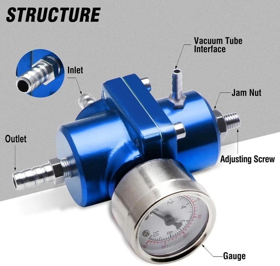 Adjustable Fuel Pressure Regulator With Gauge Hose 0-140 PSI Universal 6AN blue