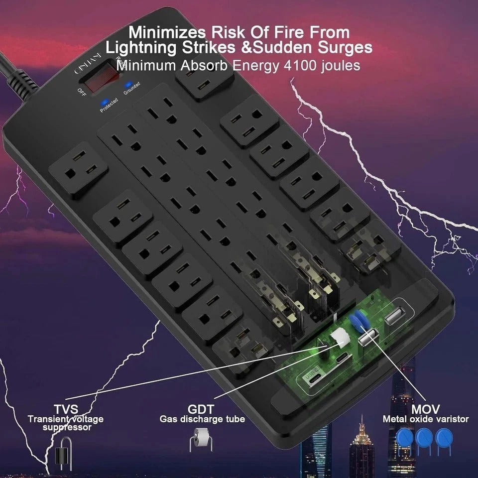 Surge Protector Power Strip - 6Ft Flat Plug Heavy Duty Extension Cord with 24 Ou