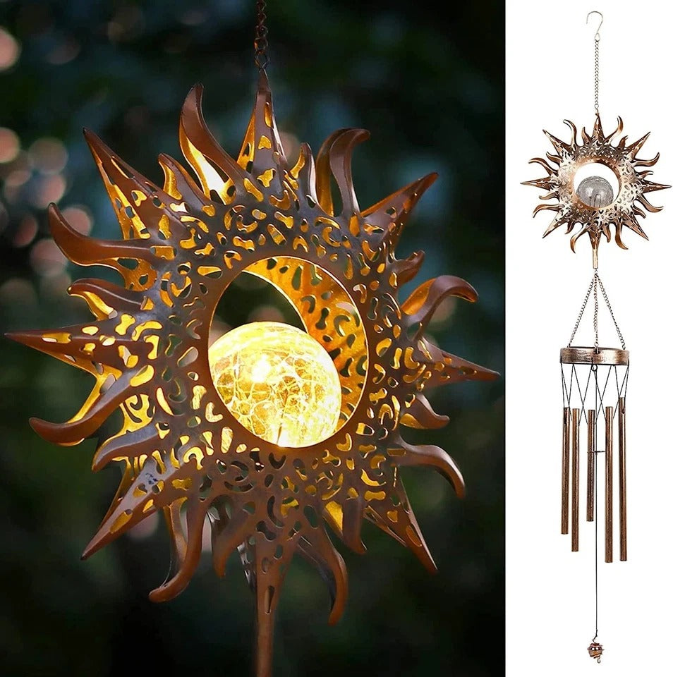 Solar Wind Chimes, Sun Wind Chime Outdoor Clearance W/Glowing Crackle Glass LED