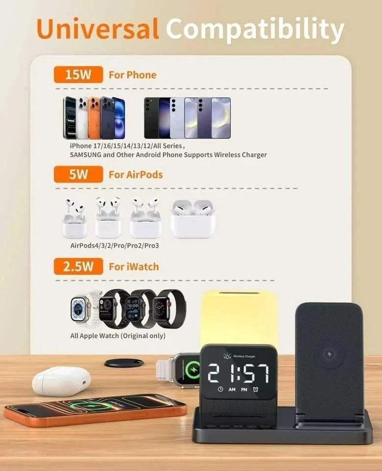 6-in-1 Wireless Charging Station for iPhone/Airpods/Watch with Digital Clock