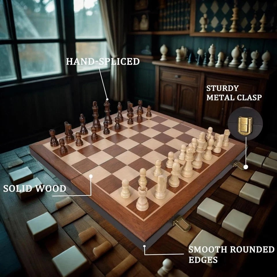 15" Magnetic Wooden Folding Chess Set w/ Storage Slots & Extra Queens