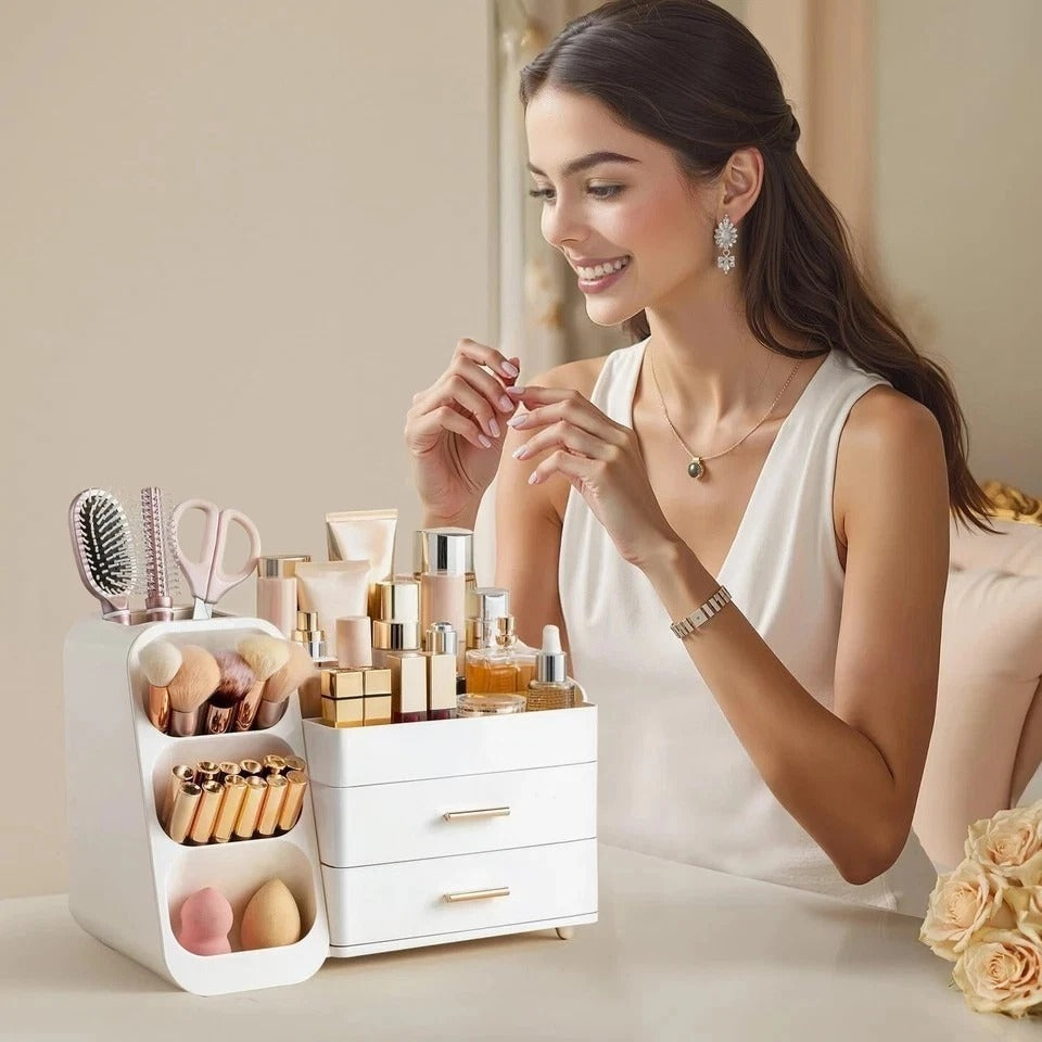 Makeup Organizer with Brush Holder for Vanity, Large Plastic Bathroom Countertop