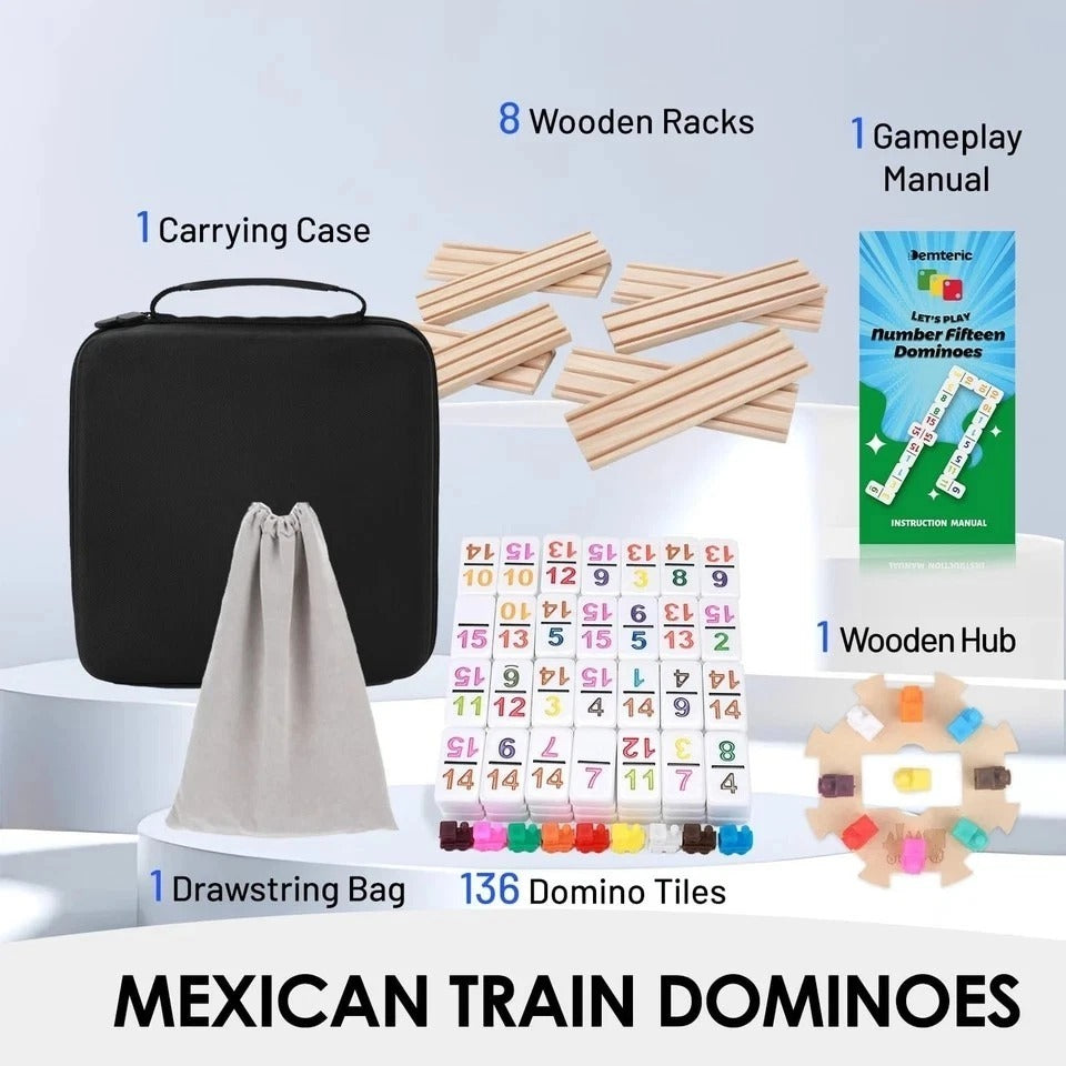 Mexican Train Dominoes Double 15 with 8 Wooden Holders | 136 Colorful Number ...