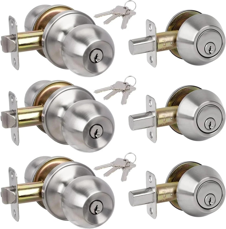3 Pack Entry Door Knob and Single Cylinder Deadbolt Lock Set, Exterior Door Lock