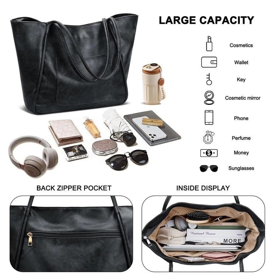 Large Leather Tote Bag for Women - Zipper Travel Purse - Black