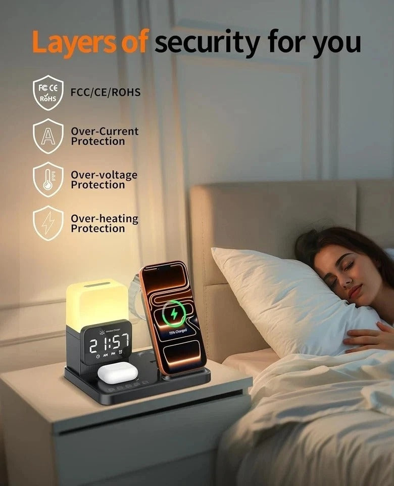 6-in-1 Wireless Charging Station for iPhone/Airpods/Watch with Digital Clock