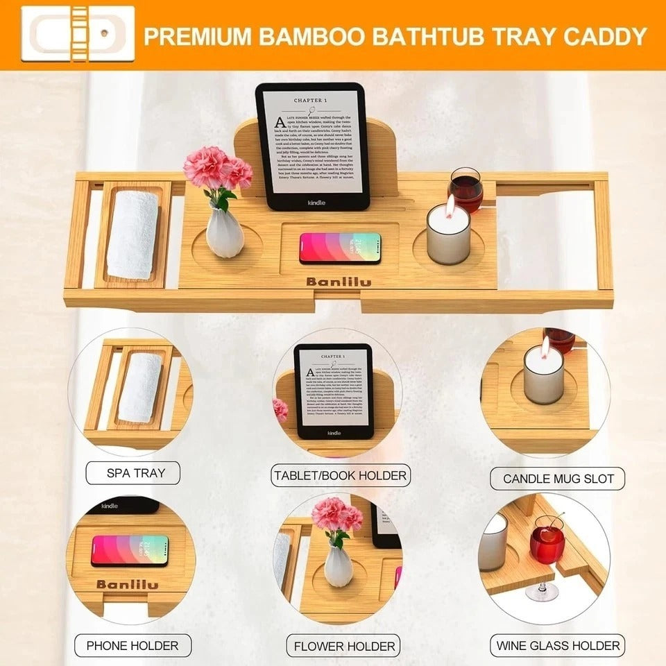 Premium Bamboo Bathtub Tray Caddy - Bath Tub Tray Table for Bathtub - Bath Caddy