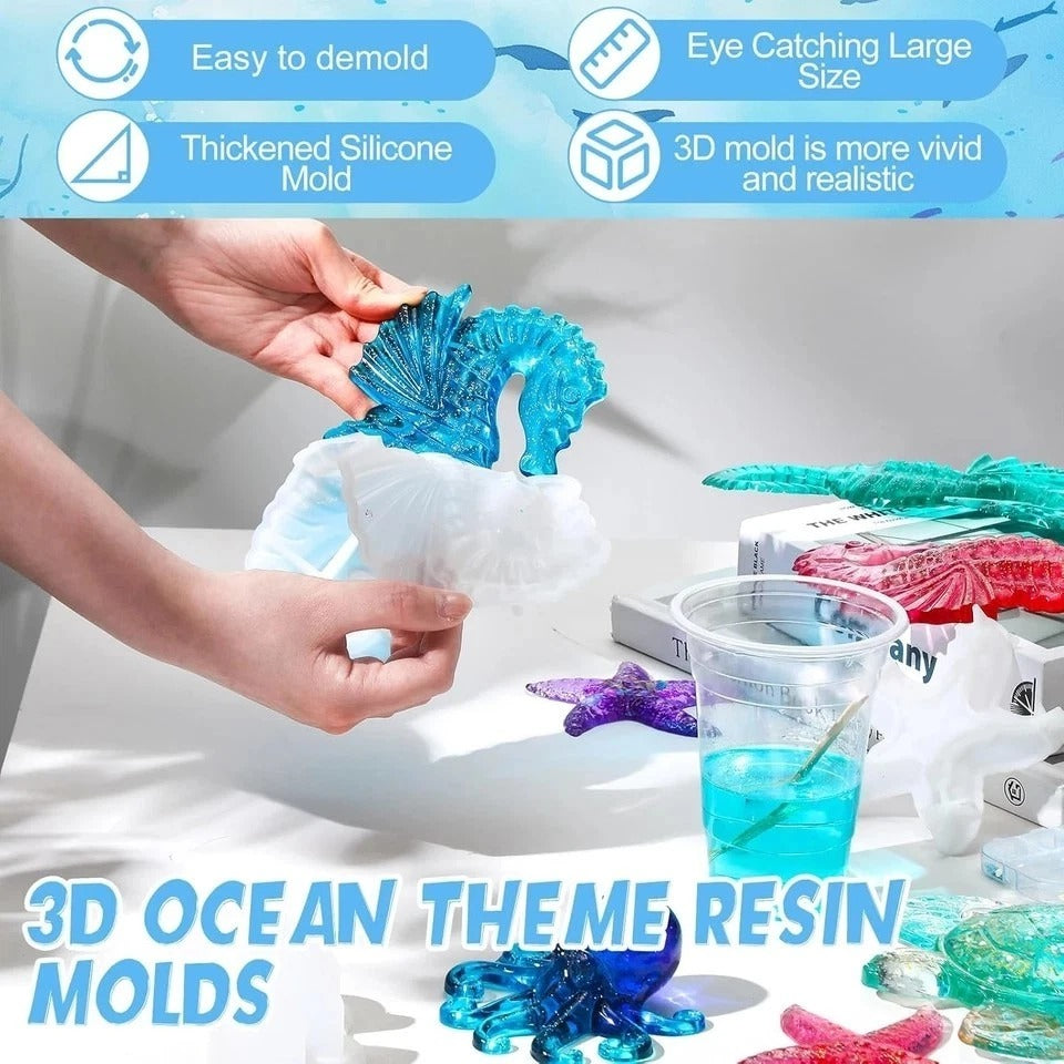 4 Pcs Ocean Theme Resin Molds 3D Large Silicone Epoxy Resin Seahorse Shells Star