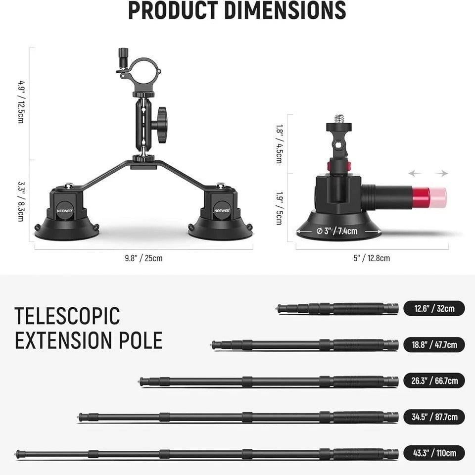NEEWER CA065 Triple Suction Mount – GoPro Insta360 Car Kit + Selfie Stick