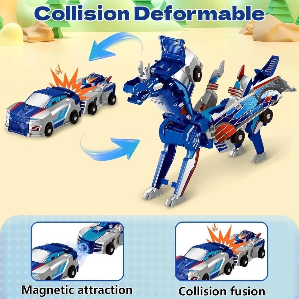 Collision Transforming Dinosaur Car Toy, 2 Magnetic Cars Transform into Dinosaur