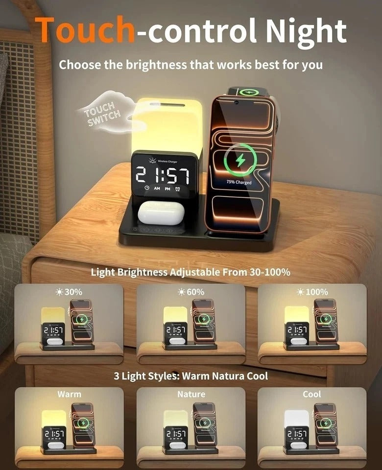 6-in-1 Wireless Charging Station for iPhone/Airpods/Watch with Digital Clock