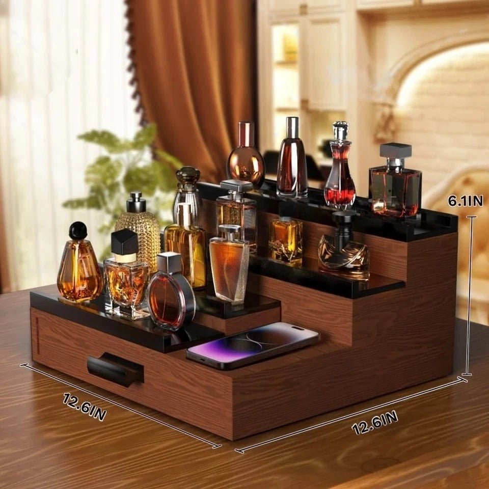 Cologne Organizer for Men,4 Tier Wooden Cologne Stand with Drawer,Hidden Compart