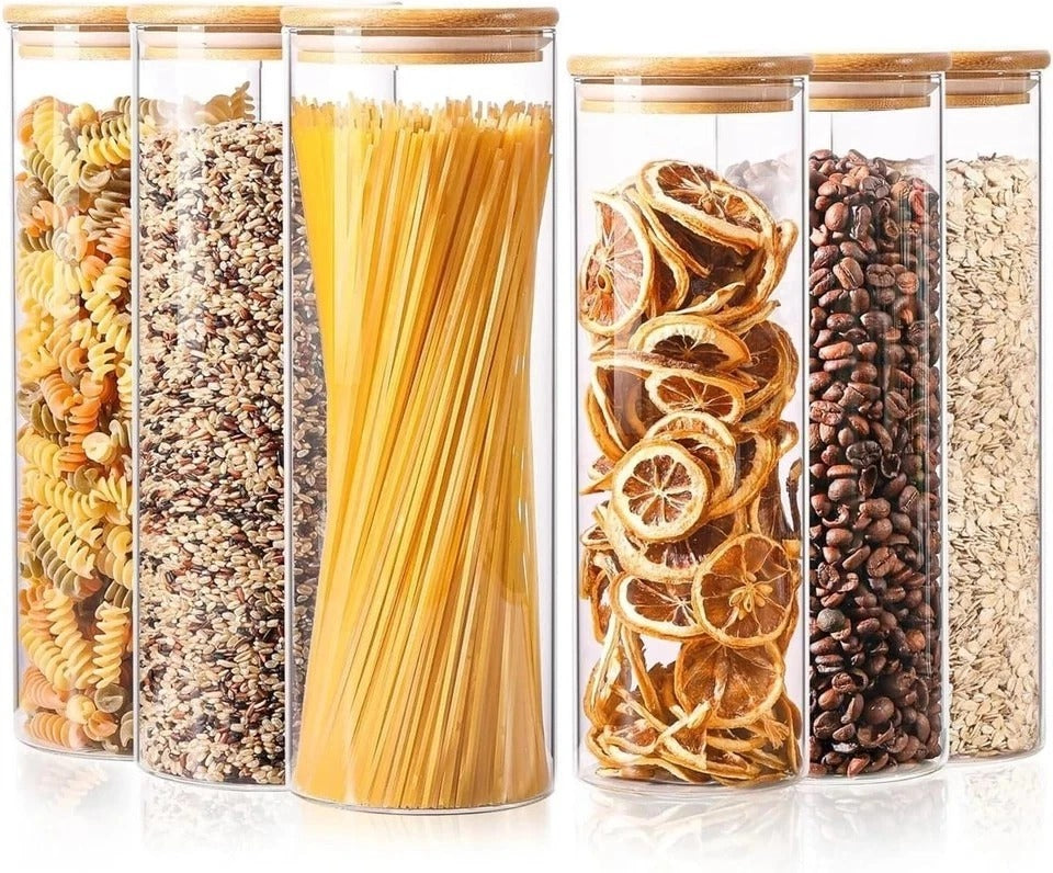 Versatile Tall Glass Jars Set of 6 - Perfect for Pasta, Flour, and Nuts Storage