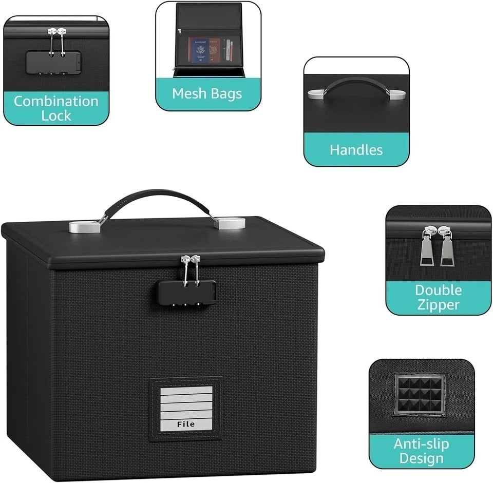 Fireproof File Box for Documents, Portable Waterproof Locking Storage Organizer