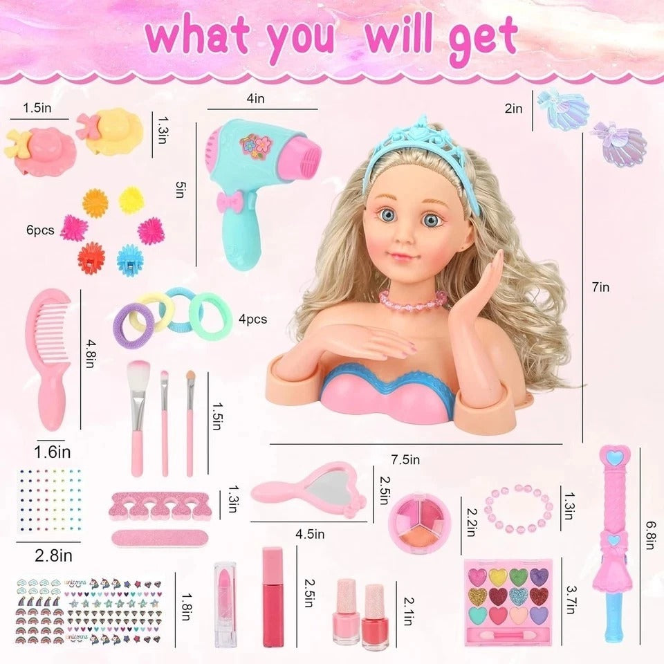 Hair Styling Doll Head Makeup Kit Girls Toys,Pretend Play Hair Salon Toy with Re