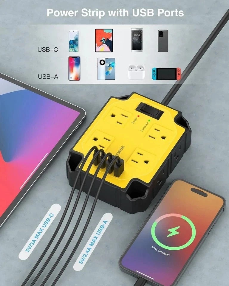 8-Outlets Heavy Duty Power Strip with 4 USB Ports(2 USB-C), Industrial Magneti