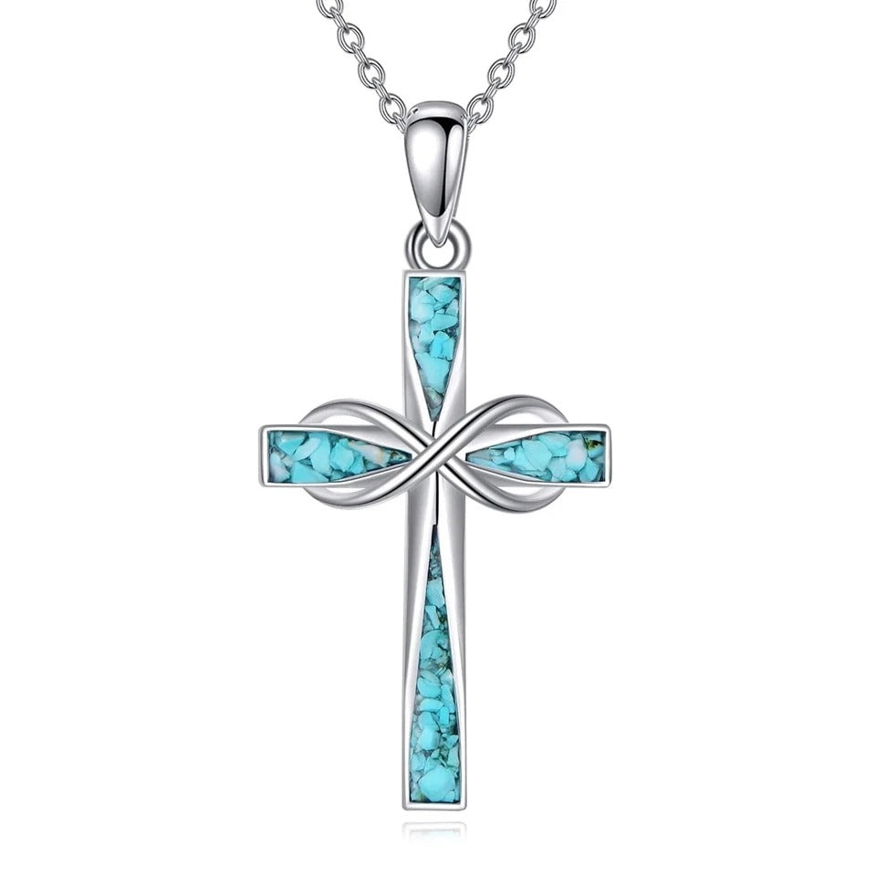 Cross Necklace 925 Sterling Silver Turquoise Cross Pendant Necklace Religious...